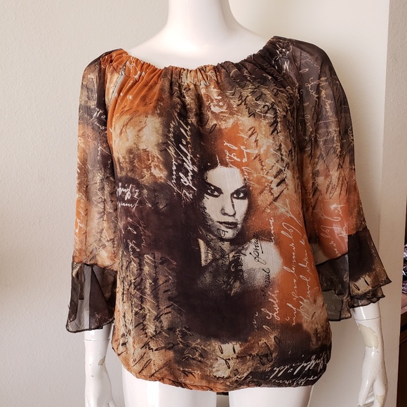 Off-shoulder Multi Print Blouse with Flounce Sleeves & Elastic Cuffs - Picture 4 of 8